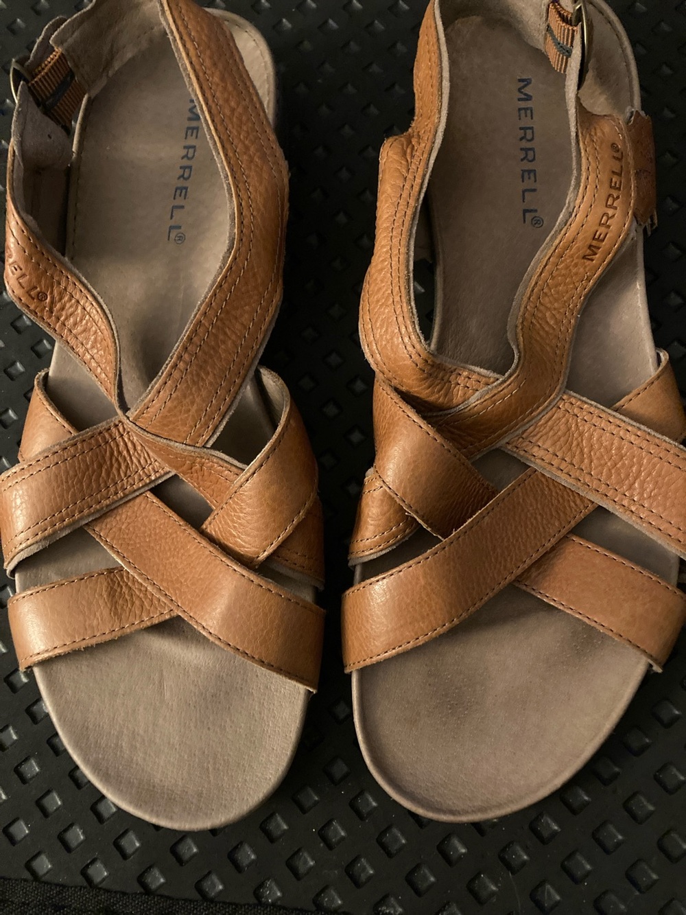 Merrell Women's Cognac Leather Cross-Strap Slingback Sandals